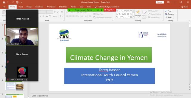 
On November 8th 2020 , I had the honor  to participate in representation of International Youth Council - Yemen (IYCY) at  the Climate Action Network Arab World (CAN-AW) General Assembly by presenting the impact of climate change in #Yemen, in the third session entitled The effects of climate change and the human role in accelerating its effects .